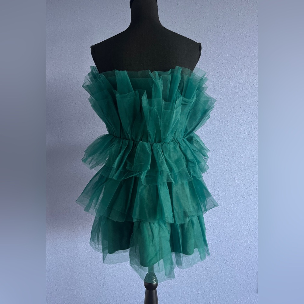 KLESIS Strapless Teal Tiered Tulle Mini Dress - Picture 2 of 5